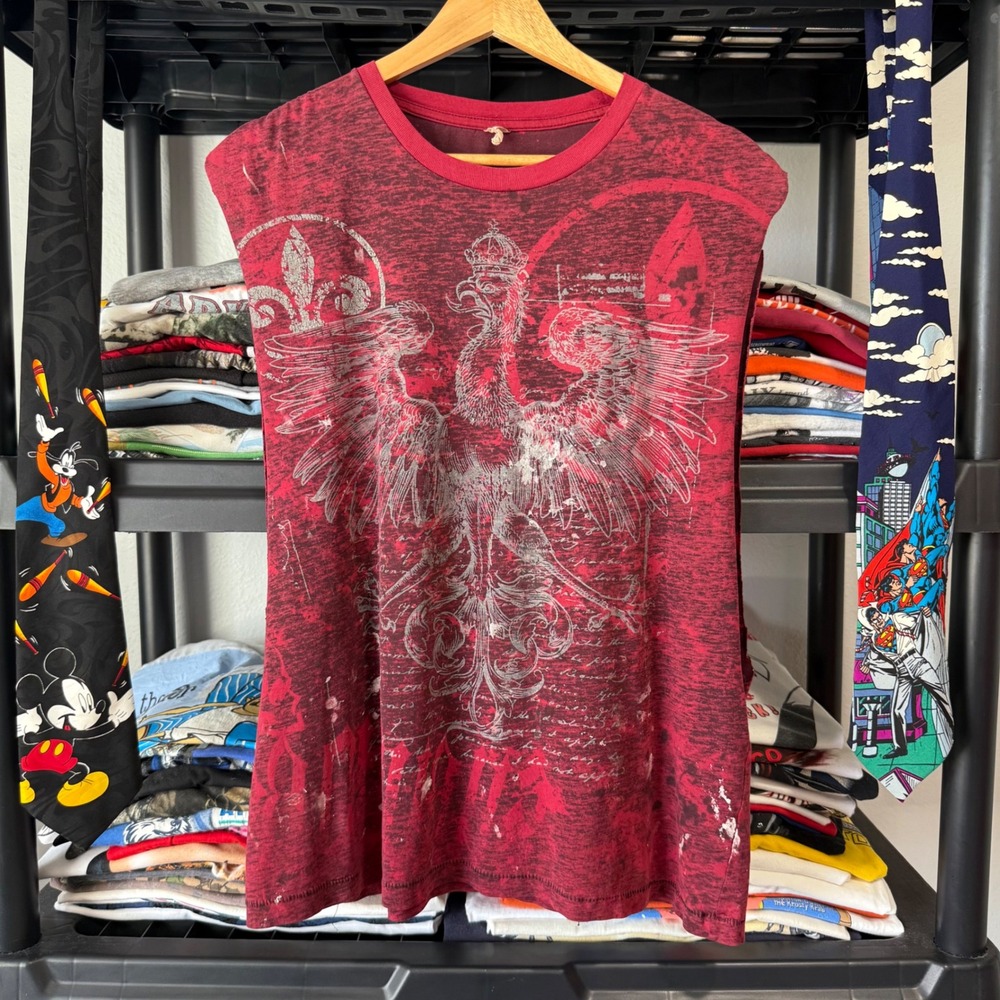 Y2K Red Imperial Eagle Fleur De Lis Graphic Muscle Tank Top Size M/L